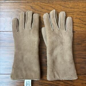 Vintage Sta-Soft Tan Suede Leather Gloves Women’s M Nu-Lamb Fleece Lined Warm‎